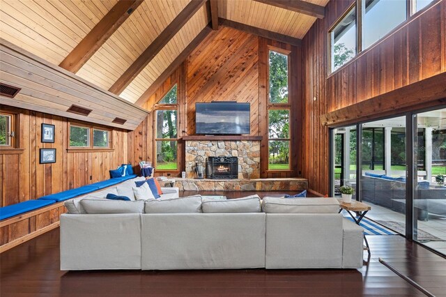 120 Springwood Trl, Altamonte Springs, FL 32714 - living area with wood walls, wooden ceiling with exposed beams, a stone fireplace, high vaulted ceiling, and wood finished floors