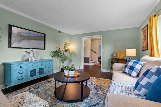 120 Springwood Trl, Altamonte Springs, FL 32714 - living area featuring dark wood-style flooring, baseboards, stairs, and ornamental molding