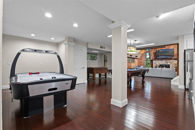 120 Springwood Trl, Altamonte Springs, FL 32714 - playroom featuring decorative columns, billiards, baseboards, and dark wood-style flooring