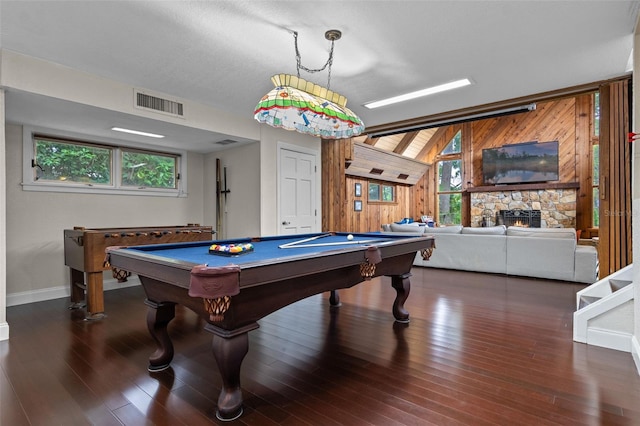 120 Springwood Trl, Altamonte Springs, FL 32714 - rec room with billiards, wooden walls, baseboards, wood finished floors, and a fireplace