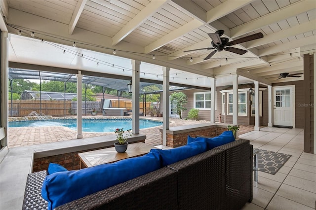 120 Springwood Trl, Altamonte Springs, FL 32714 - view of swimming pool with an outdoor living space, a ceiling fan, a fenced backyard, a patio area, and a hot tub