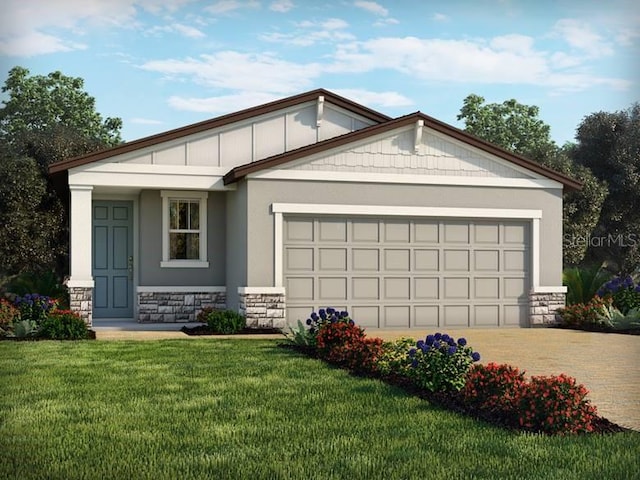 3900 Giorgio Dr, Winter Haven, FL 33884 - view of front of property with stone siding, an attached garage, driveway, and a front yard
