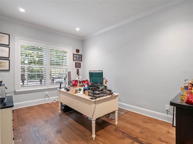 1438 Stickley Ave, Celebration, FL 34747 - home office with crown molding, wood finished floors, baseboards, and recessed lighting