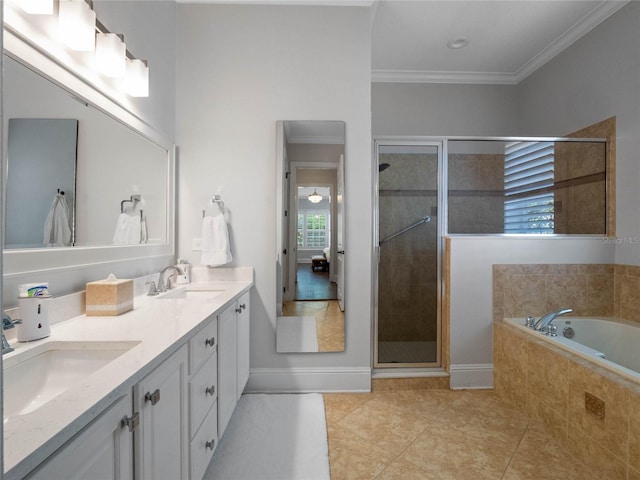 1438 Stickley Ave, Celebration, FL 34747 - bathroom with double vanity, a garden tub, a stall shower, baseboards, and ornamental molding