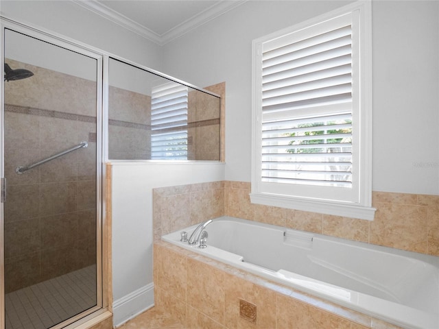 1438 Stickley Ave, Celebration, FL 34747 - full bathroom with a garden tub, a shower stall, healthy amount of natural light, and ornamental molding