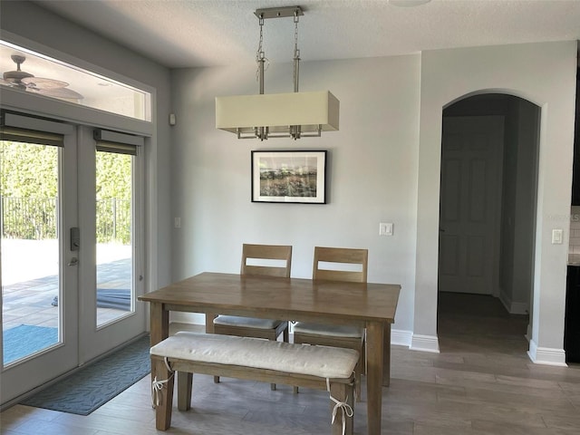 302 Coco Plum Ct, Oldsmar, FL 34677 - dining space featuring arched walkways, french doors, wood finished floors, and a textured ceiling
