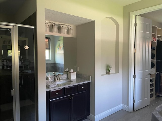 302 Coco Plum Ct, Oldsmar, FL 34677 - full bath featuring a walk in closet, a stall shower, a bath, vanity, and wood finished floors