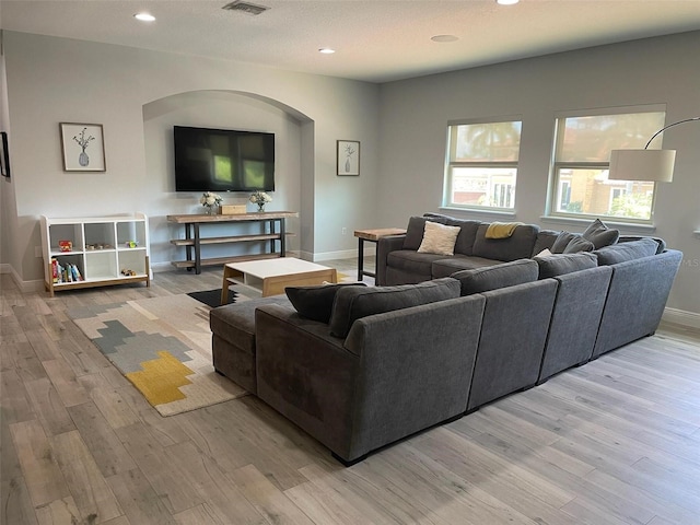 302 Coco Plum Ct, Oldsmar, FL 34677 - living room with arched walkways, light wood-style flooring, recessed lighting, and baseboards