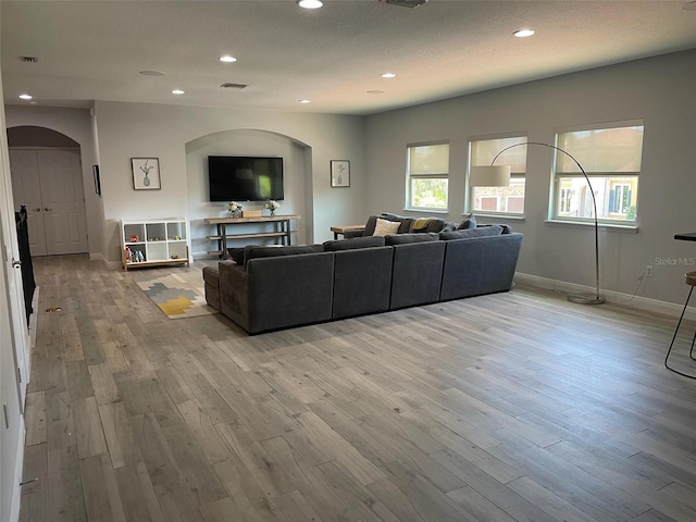 302 Coco Plum Ct, Oldsmar, FL 34677 - living area featuring arched walkways, light wood-style floors, recessed lighting, and baseboards