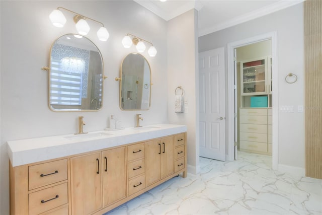 11721 Camden Park Dr, Windermere, FL 34786 - full bath with marble look tiles, double vanity, ornamental molding, and baseboards