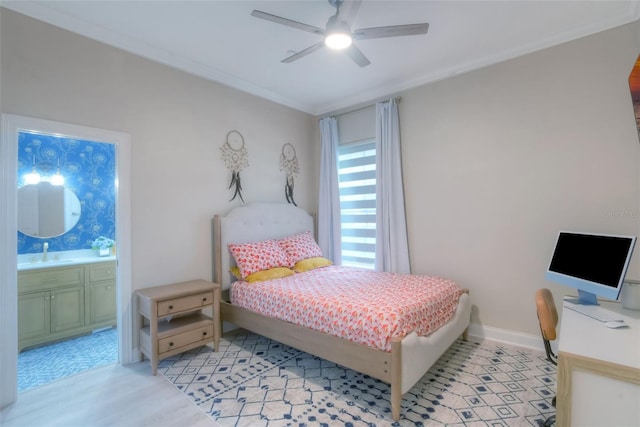 11721 Camden Park Dr, Windermere, FL 34786 - bedroom with a sink, ensuite bathroom, a ceiling fan, light wood finished floors, and ornamental molding