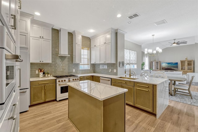 11721 Camden Park Dr, Windermere, FL 34786 - kitchen featuring a sink, white appliances, a peninsula, open floor plan, and light wood-type flooring