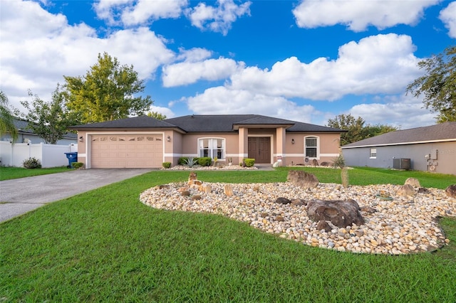 146 Hidden Pointe Ln, Groveland, FL 34736 - view of front facade featuring stucco siding, central AC unit, concrete driveway, and a garage