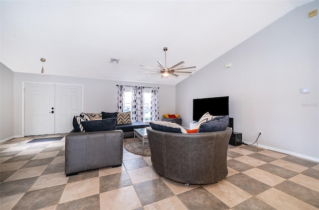 146 Hidden Pointe Ln, Groveland, FL 34736 - living area with vaulted ceiling, a ceiling fan, and baseboards