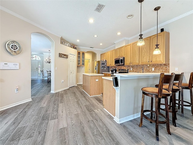 1913 Blue River Rd, Holiday, FL 34691 - kitchen with stainless steel appliances, arched walkways, light wood finished floors, recessed lighting, and crown molding