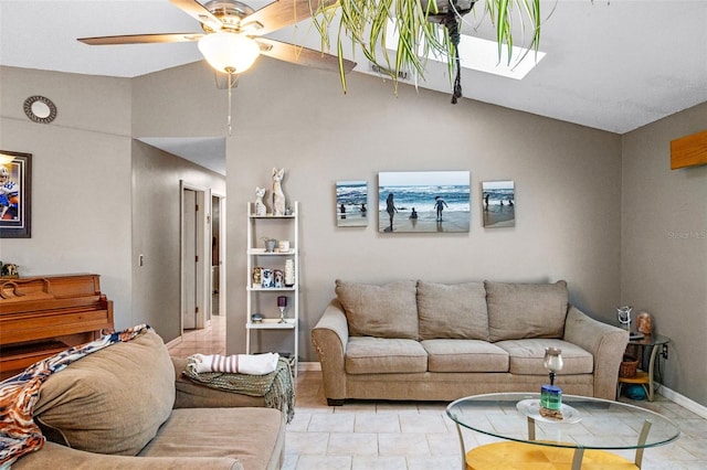 2916 Maldive Ct, Deltona, FL 32738 - living area featuring vaulted ceiling, ceiling fan, baseboards, a skylight, and light tile patterned floors
