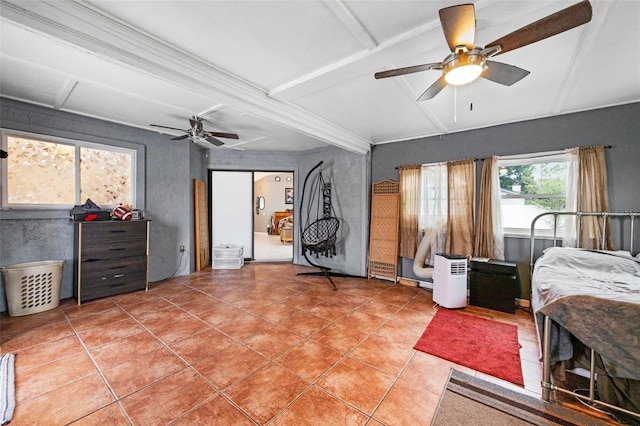 2916 Maldive Ct, Deltona, FL 32738 - bedroom featuring light tile patterned floors, beamed ceiling, a ceiling fan, and attic access