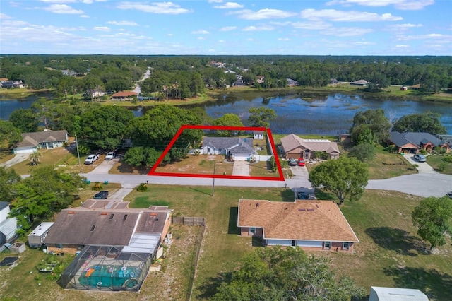 2916 Maldive Ct, Deltona, FL 32738 - aerial perspective of suburban area with property parcel outlined and a large body of water