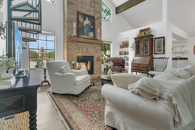 3501 Danby Ct, Orlando, FL 32812 - living room featuring high vaulted ceiling, a brick fireplace, beamed ceiling, and wood finished floors