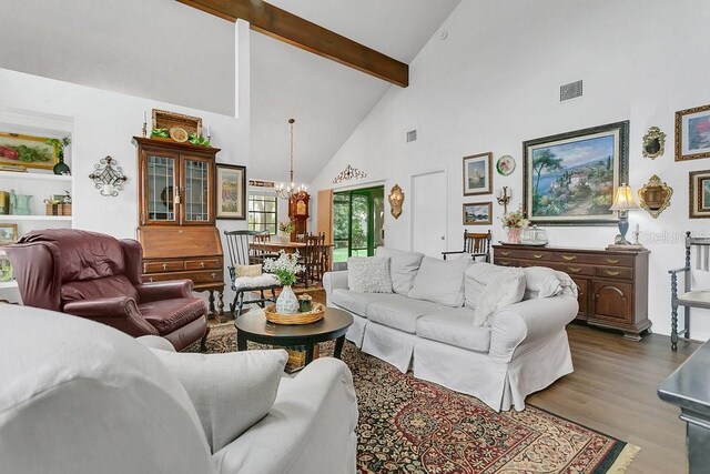3501 Danby Ct, Orlando, FL 32812 - living room featuring high vaulted ceiling, dark wood finished floors, a chandelier, beam ceiling, and baseboards