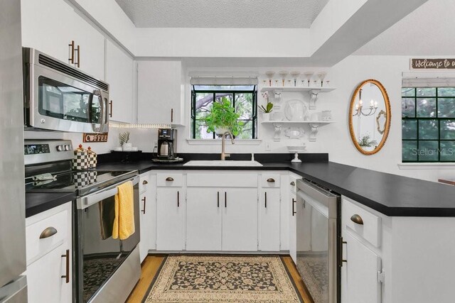 3501 Danby Ct, Orlando, FL 32812 - kitchen featuring appliances with stainless steel finishes, a sink, dark countertops, a peninsula, and a textured ceiling