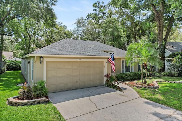 1354 Dutch Elm Dr, Altamonte Springs, FL 32714 - ranch-style house with a shingled roof, stucco siding, a front yard, driveway, and an attached garage