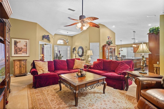 1354 Dutch Elm Dr, Altamonte Springs, FL 32714 - living area featuring carpet, ceiling fan, lofted ceiling, and baseboards