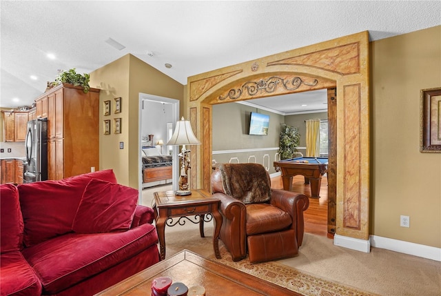 1354 Dutch Elm Dr, Altamonte Springs, FL 32714 - living room featuring billiards table, baseboards, lofted ceiling, light colored carpet, and recessed lighting
