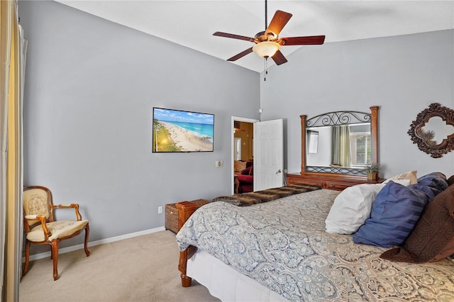 1354 Dutch Elm Dr, Altamonte Springs, FL 32714 - bedroom with light colored carpet, high vaulted ceiling, baseboards, and ceiling fan