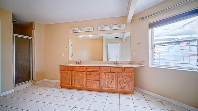 357 Fairway Pointe Cir, Orlando, FL 32828 - bathroom featuring a shower stall, double vanity, and tile patterned floors