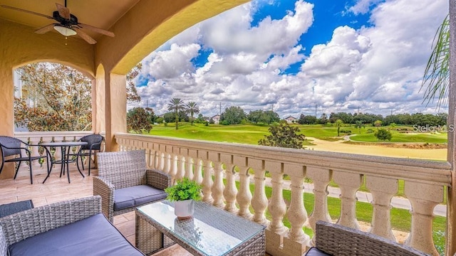 7411 Excitement Dr, Reunion, FL 34747 - deck with a ceiling fan and view of golf course