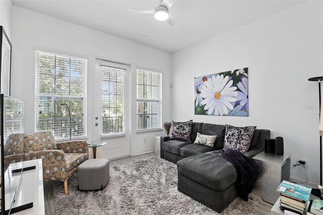 439 Windmill Palm Cir, Altamonte Springs, FL 32701 - living room featuring ceiling fan, wood finished floors, and baseboards