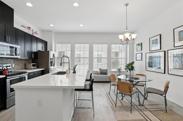 439 Windmill Palm Cir, Altamonte Springs, FL 32701 - kitchen featuring stainless steel appliances, a sink, dark cabinetry, backsplash, and light wood-style floors