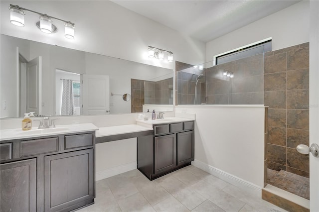 921 Costa Mesa Ln, Kissimmee, FL 34744 - bathroom featuring double vanity, walk in shower, tile patterned floors, and plenty of natural light