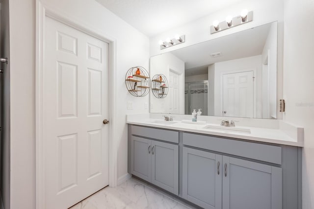 10221 Highline Crest St, Orlando, FL 32832 - full bath featuring double vanity, marble finish flooring, and a shower
