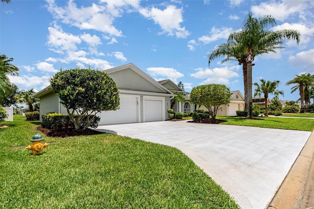2135 Springwater Ln, Port Orange, FL 32128 - obstructed view of property with a garage, driveway, a front lawn, and stucco siding