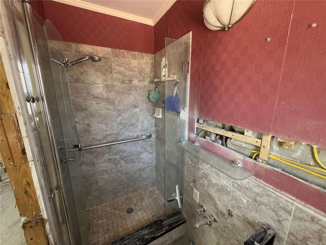 16107 Gulf Blvd, Redington Beach, FL 33708 - bathroom featuring a shower stall and ornamental molding