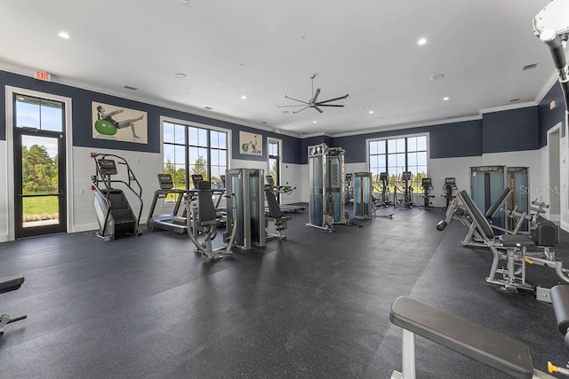 6615 Leo Ln, Saint Cloud, FL 34773 - gym featuring crown molding, recessed lighting, and ceiling fan