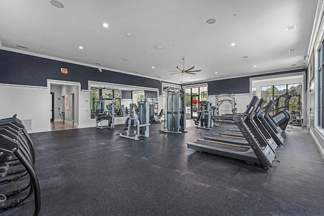 6615 Leo Ln, Saint Cloud, FL 34773 - exercise room featuring ornamental molding, recessed lighting, a ceiling fan, and french doors