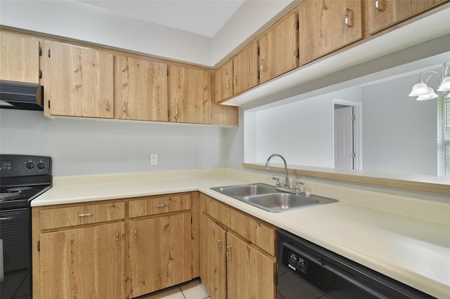 4870 S Semoran Blvd Unit 1905, Orlando, FL 32822 - kitchen with black appliances, a sink, light countertops, under cabinet range hood, and light tile patterned flooring