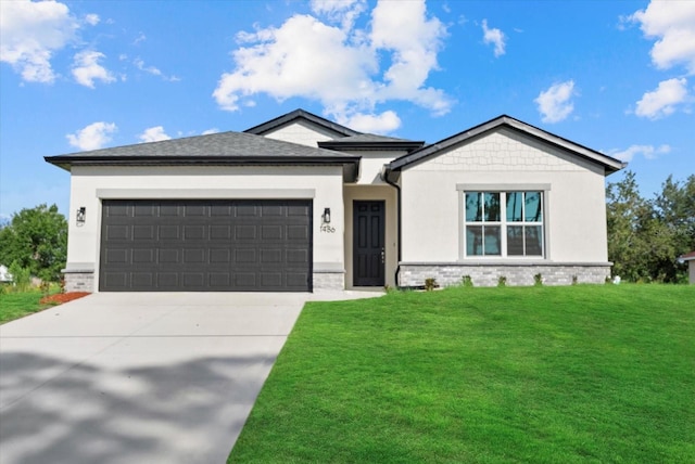 1486 Ardisia St, North Port, FL 34288 - ranch-style house featuring an attached garage, concrete driveway, a front yard, brick siding, and stucco siding