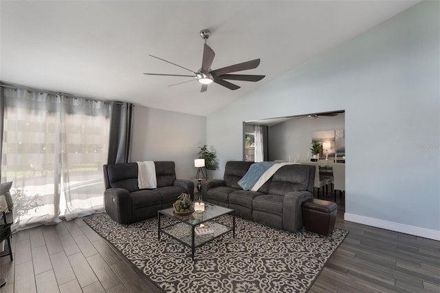 2122 Palm Crest Dr, Apopka, FL 32712 - living area with a ceiling fan, wood finished floors, vaulted ceiling, and baseboards