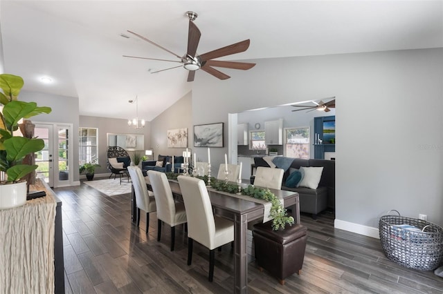 2122 Palm Crest Dr, Apopka, FL 32712 - dining room featuring a ceiling fan, dark wood-style floors, baseboards, a chandelier, and high vaulted ceiling