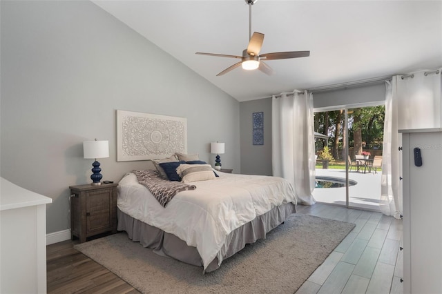 2122 Palm Crest Dr, Apopka, FL 32712 - bedroom with access to outside, wood finished floors, vaulted ceiling, baseboards, and a ceiling fan