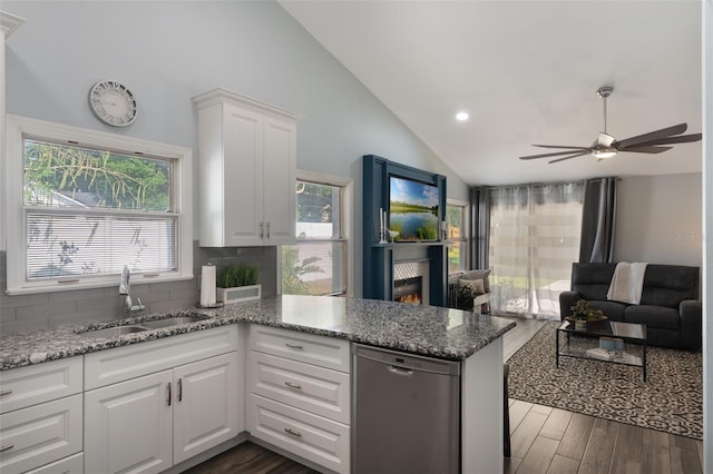 2122 Palm Crest Dr, Apopka, FL 32712 - kitchen with stainless steel dishwasher, a sink, a peninsula, open floor plan, and dark wood-style floors