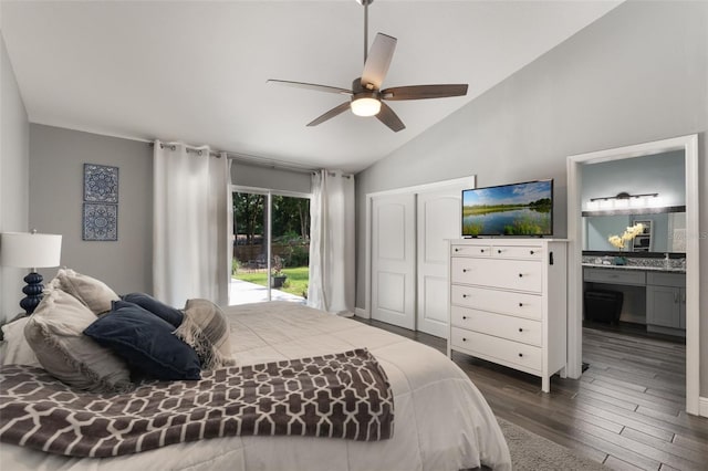 2122 Palm Crest Dr, Apopka, FL 32712 - bedroom with lofted ceiling, dark wood-type flooring, a closet, connected bathroom, and access to exterior