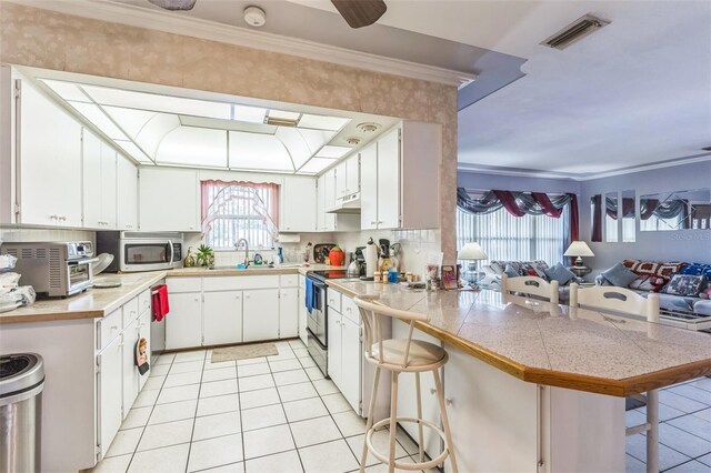 251 Tropic Blvd W, Largo, FL 33770 - kitchen featuring stainless steel appliances, light tile patterned floors, crown molding, under cabinet range hood, and a peninsula