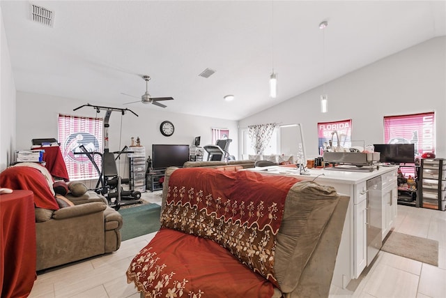 999 Trumbull St, Deltona, FL 32725 - living room with lofted ceiling and a ceiling fan