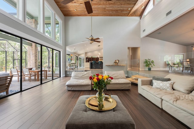20 Twelve Oaks Trl, Ormond Beach, FL 32174 - living area featuring ceiling fan, high vaulted ceiling, wood-type flooring, and wooden ceiling