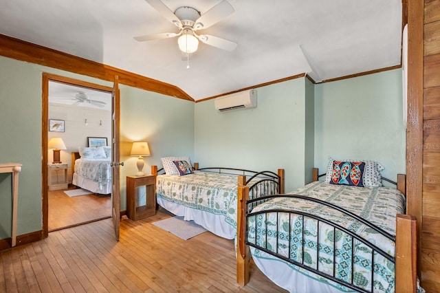 4039 S Atlantic Ave, Port Orange, FL 32127 - bedroom featuring an AC wall unit, hardwood / wood-style floors, ornamental molding, ceiling fan, and lofted ceiling